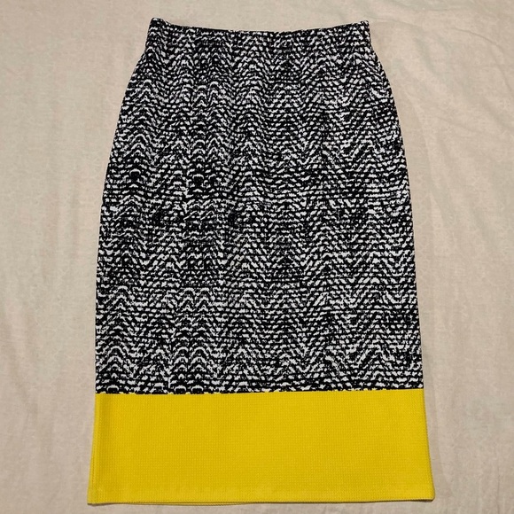 Travel Elements Black and White Midi Pencil Skirt with Bold Yellow Band - Picture 1 of 7